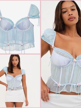 New! For Love & Lemons Ellery Sky Blue Bustier Blouse in M